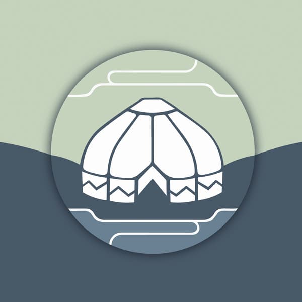 Steppetrade logo: a yurt in a circle against a background of green hills and a blue steppe
