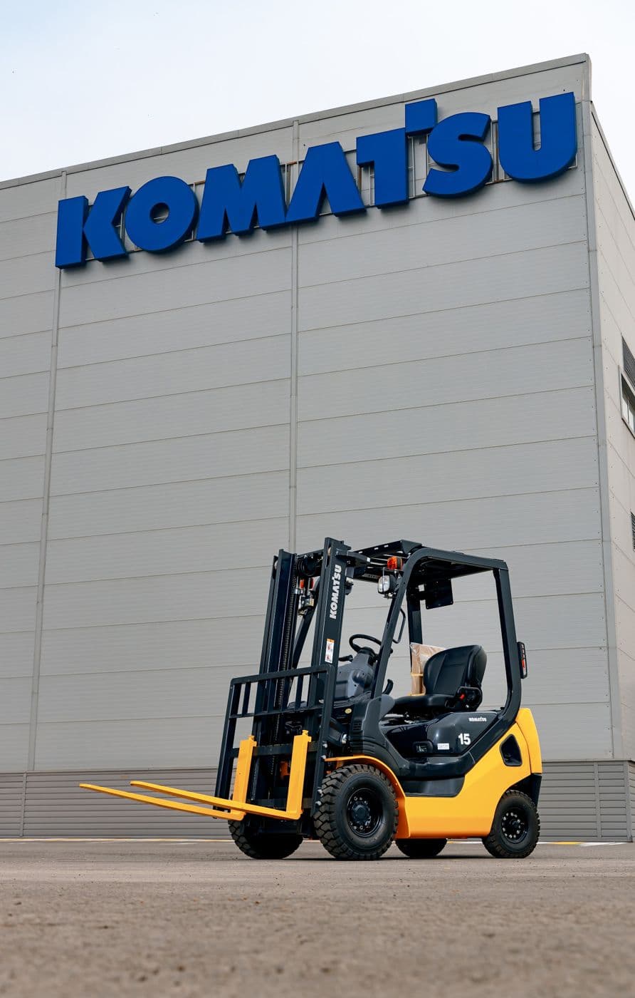 Вилочный погрузчик Komatsu с опущенными вилами у серого здания с логотипом